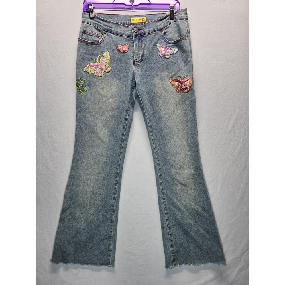 Gasoline Jeans Womens Size 5 Butterfly Embroidered Flare Jeans Y2K Raw Hem
